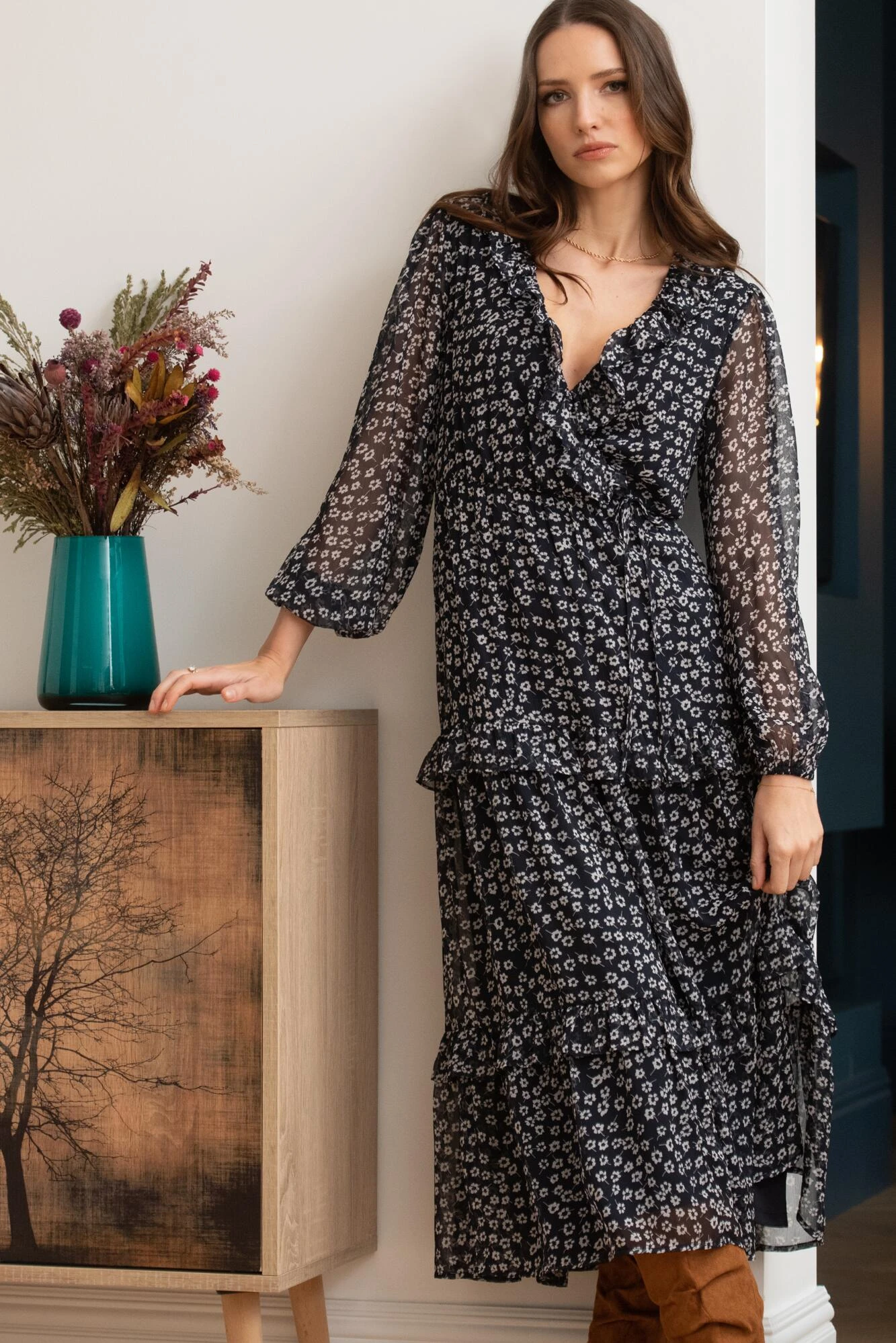 Pour Moi Lily Chiffon Frill Midaxi Dress - Navy Ditsy 7 Pour Moi Lily Chiffon Frill Midaxi Dress - Navy Ditsy - Image 5