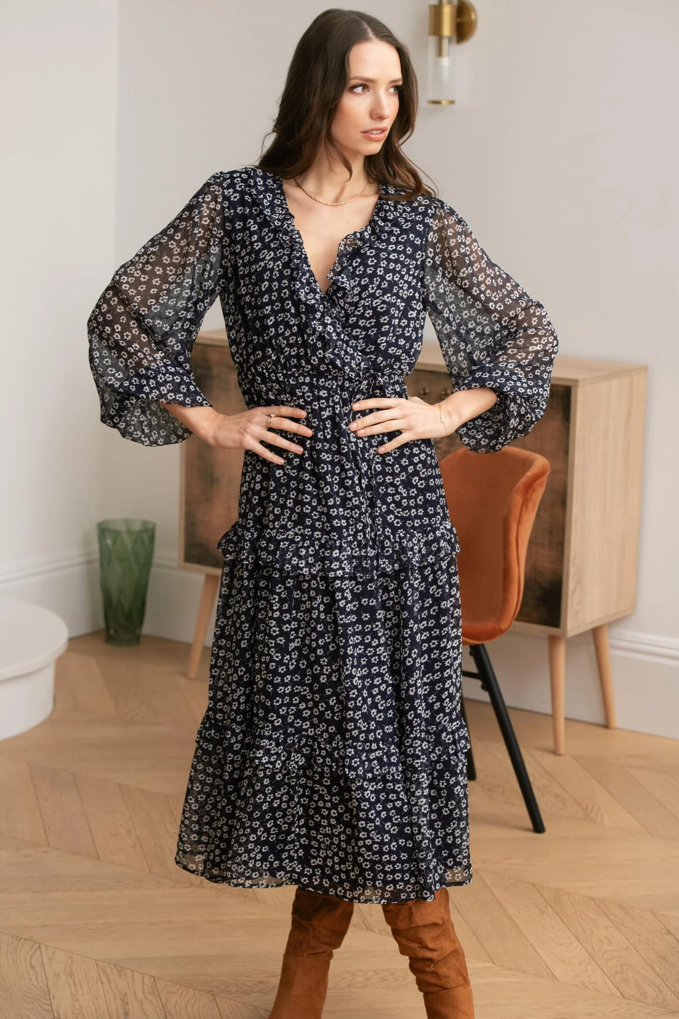 Pour Moi Lily Chiffon Frill Midaxi Dress - Navy Ditsy 5 Pour Moi Lily Chiffon Frill Midaxi Dress - Navy Ditsy - Image 3