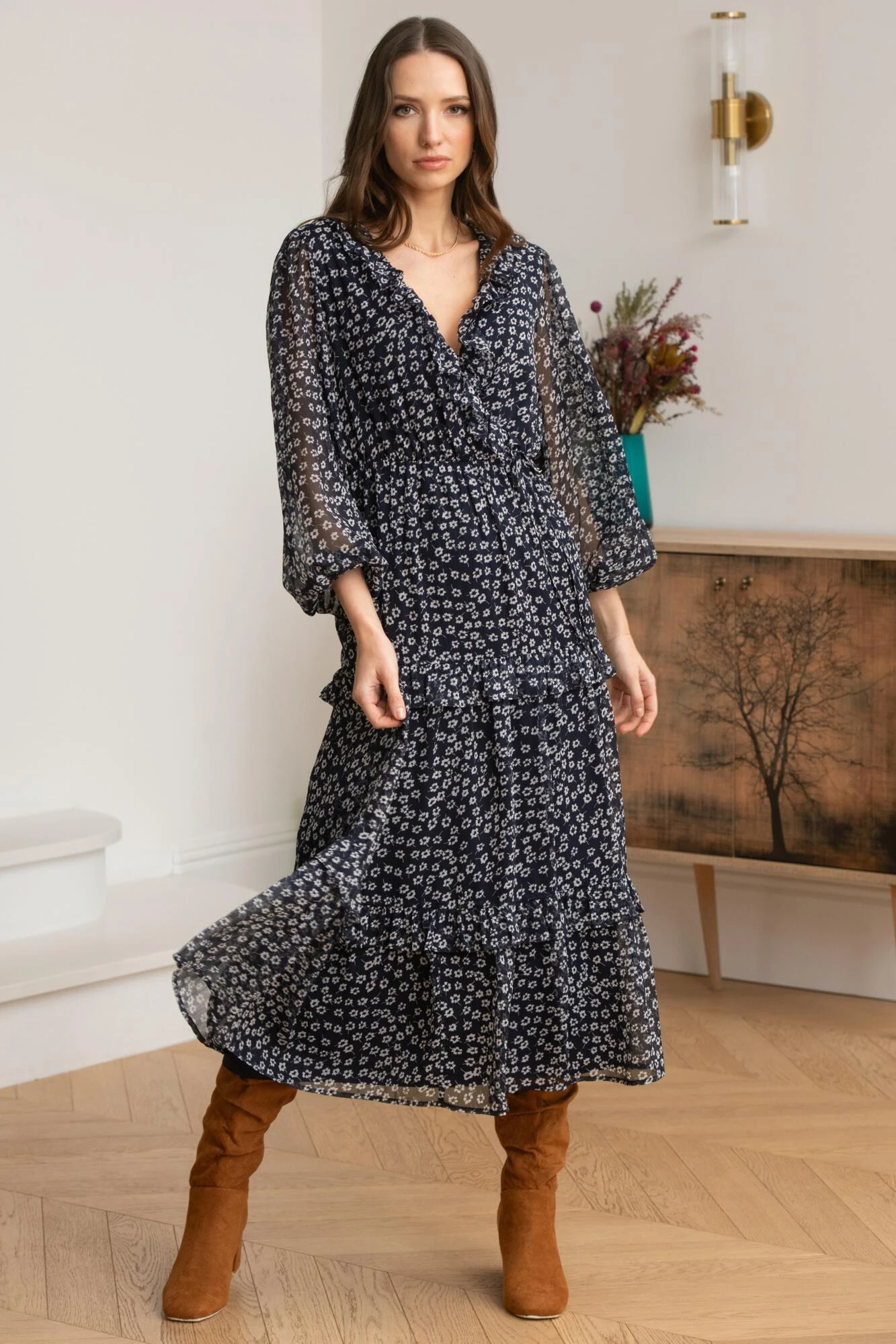 Pour Moi Lily Chiffon Frill Midaxi Dress - Navy Ditsy 3 Pour Moi Lily Chiffon Frill Midaxi Dress - Navy Ditsy